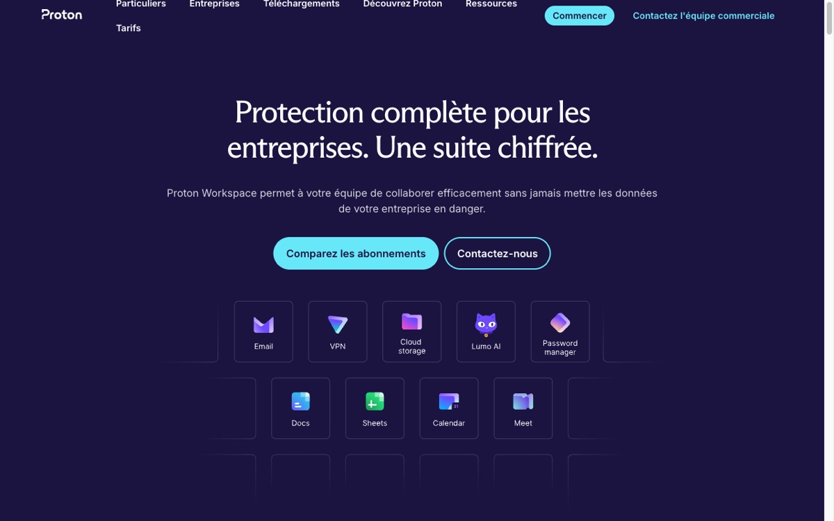 Page d'accueil de Proton for Business : une suite chiffrée avec mail, VPN, stockage, Lumo AI, gestionnaire de mots de passe, Docs, Sheets, Calendar et Meet